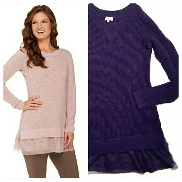 LOGO Cotton Cashmere Waffle Sweater With Tulle Hem - Picture 1 of 5